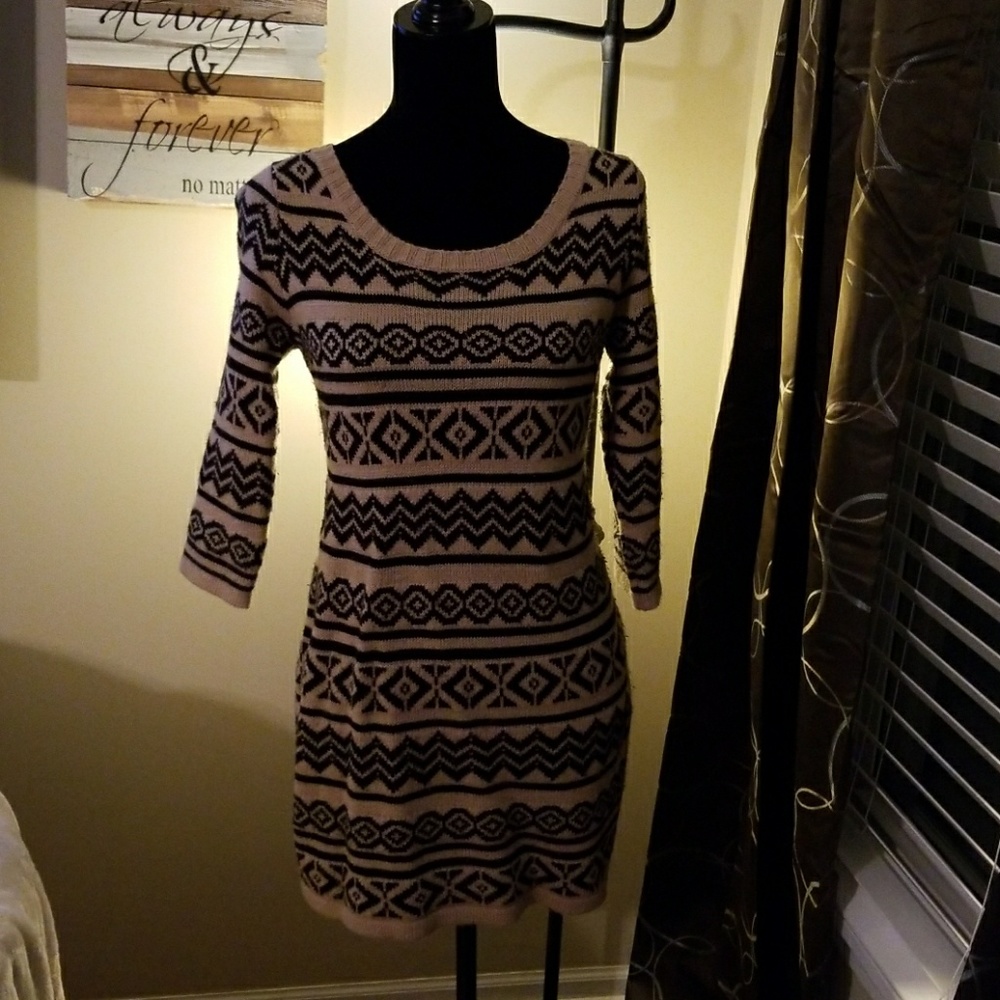 Black and oatmeal colored sweater dress